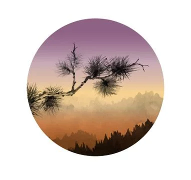 Landscape with mountains and pine tree branch at sunrise Stock Illustration