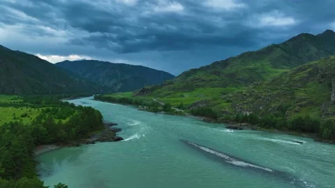 Landscape of mountains and river in summer. Aerial view Stock Footage 201048934