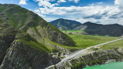 Landscape of mountains and rivers in summer. Aerial view Stock Photos
