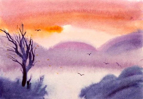Landscape with mountains and tree Stock Illustration