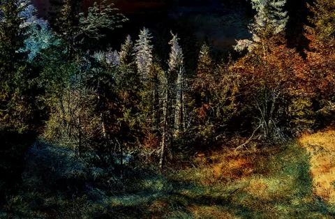 Landscape with mountains and trees, computer effect. Stockillustratie