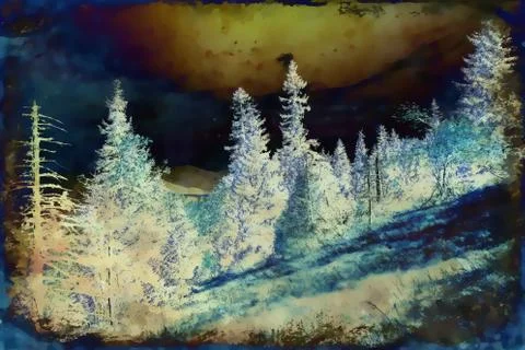 Landscape with mountains and trees, computer effect. Stockillustratie