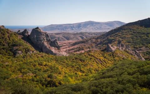 Landscape of mountains with different relief Stock Photos