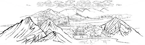 Landscape with mountains, dunes, chinese wall, shinai drum tower and mosques Stock Photos