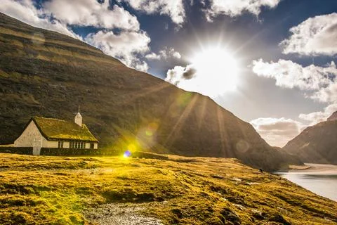 Landscape. Mountains, fields, blue sky, house. Beautiful view landscape in .. Stock Photos