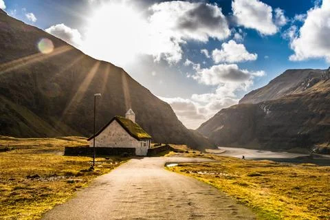 Landscape. Mountains, fields, blue sky, house. Beautiful view landscape in .. Stock Photos