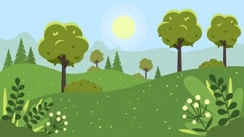 Landscape with mountains, fields, flowers, trees and bushes . Stock Illustration