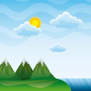 Landscape mountains peak river clouds sun Stock Illustration