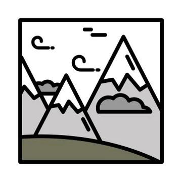 Landscape mountains peak wind clouds sky cartoon line and fill style Stock Illustration