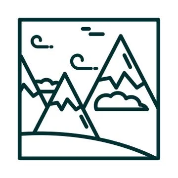 Landscape mountains peak wind clouds sky cartoon line icon style Stock Illustration