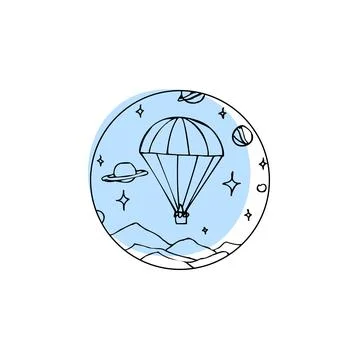Landscape with mountains with sky on which planets, stars and a balloon insid Illustrazione stock