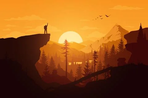 Landscape mountains with sunset sky Stock Illustration