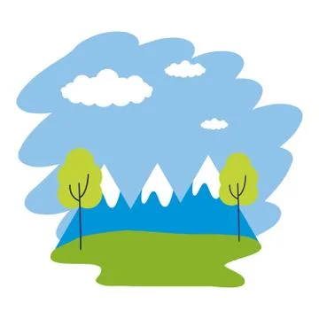 Landscape mountains trees peak clouds Stock Illustration