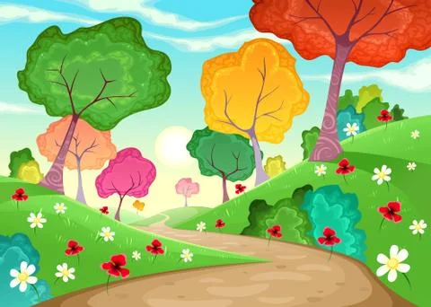 Landscape with multi-colored trees. Illustrazione stock