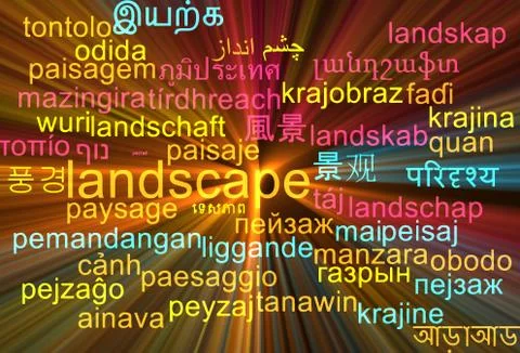 Landscape multilanguage wordcloud background concept glowing Stock Illustration
