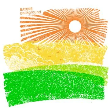 Landscape nature background with fields and sun in sky. Stock Illustration