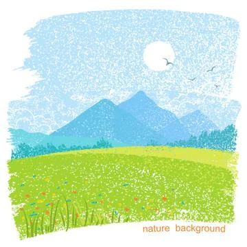 Landscape nature mountain background with fields and sun in sky. Stock Illustration