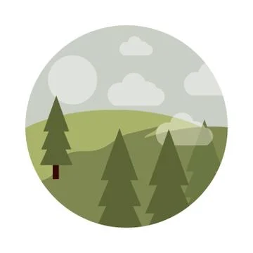 Landscape nature pine trees forest field sun clouds flat style icon Stock Illustration