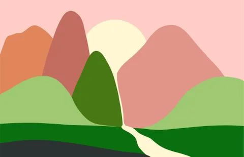 Landscape. Nature sunset in the mountains. Flat colorful minimalistic style Stock Illustration