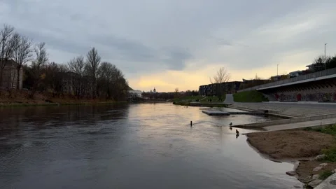 Landscape of Neris river and Vilnius city center in November Stock Footage 257351142