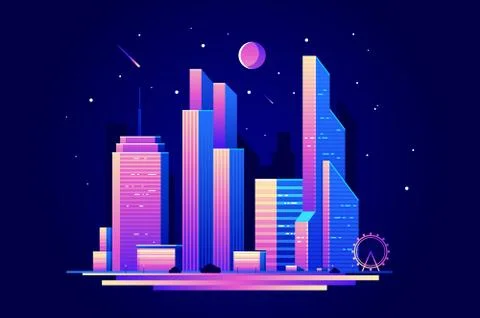 Landscape of night city with skyscrapers buildings Stock Illustration