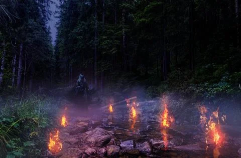 Landscape night forest view with witch and fire. Stock Photos