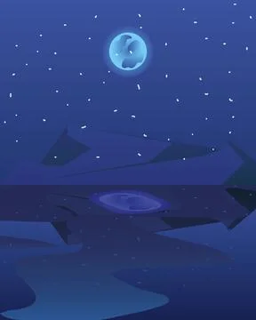 Landscape night scene moon reflection in the lake Stock Illustration
