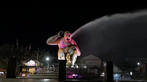 Landscape night view of the iconic Proboscis monkey water fountain statue Stock-Footage 105549434