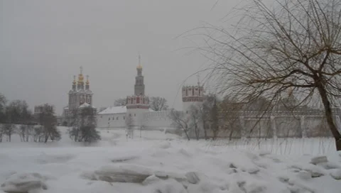 Landscape of Novodevichy Monastery covered with snow in Moscow  Stock Footage 8641703