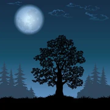 Landscape with oak tree and the moon Stock Illustration