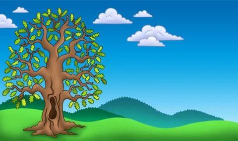 Landscape with oak tree Stock Illustration