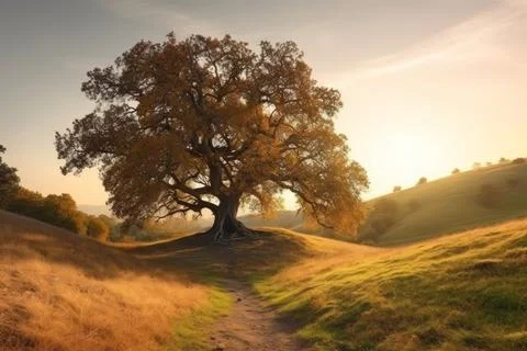 Landscape oak tree sunset. Generate Ai Stock Photos
