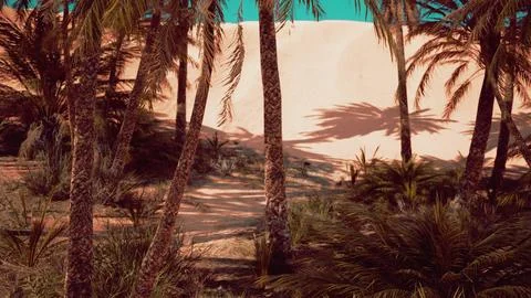 Landscape of oasis with palm trees Illustrazione stock