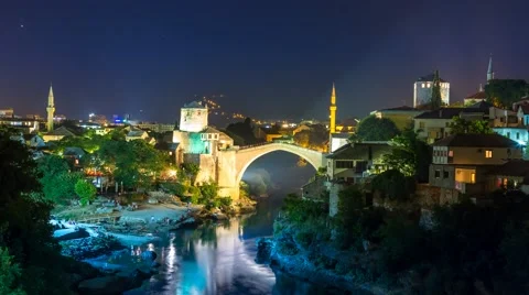 Landscape of old bridge in Mostar by night Stock Footage 58889692