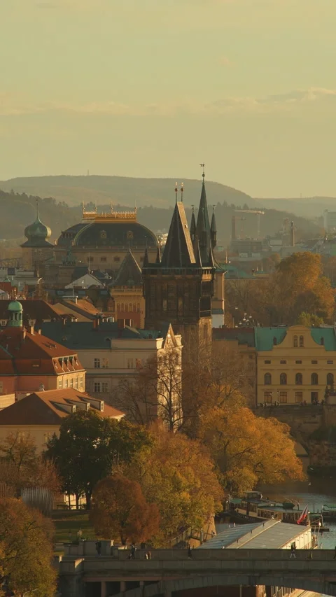 Landscape with Old Town Bridge Tower Stock Footage 249852406