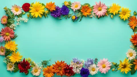 Landscape oriented blank frame encircled by a diverse mix of colorful flowers Stock Illustration