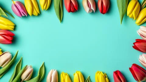 Landscape oriented blank frame encircled by a diverse mix of colorful flowers Stock Illustration