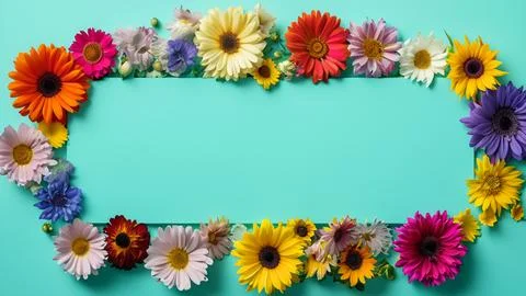 Landscape oriented blank frame encircled by a diverse mix of colorful flowers Stock Illustration