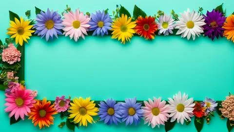 Landscape oriented blank frame encircled by a diverse mix of colorful flowers Stock Illustration