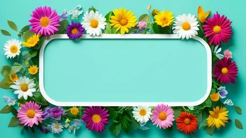 Landscape oriented blank frame encircled by a diverse mix of colorful flowers Stock Illustration