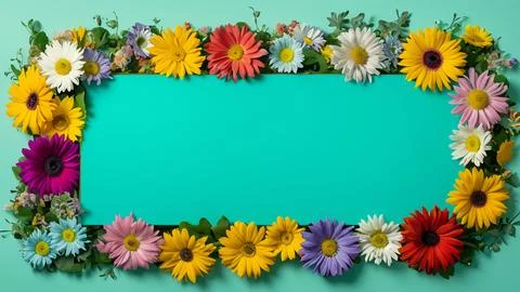 Landscape oriented blank frame encircled by a diverse mix of colorful flowers Stock Illustration