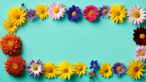 Landscape oriented blank frame encircled by a diverse mix of colorful flowers Stock Illustration