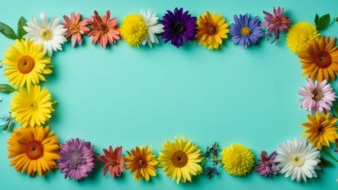 Landscape oriented blank frame encircled by a diverse mix of colorful flowers Stock Illustration