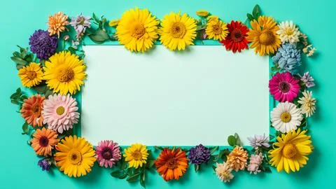Landscape oriented blank frame encircled by a diverse mix of colorful flowers Stock Illustration