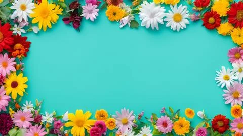 Landscape oriented blank frame encircled by a diverse mix of colorful flowers Stock Illustration