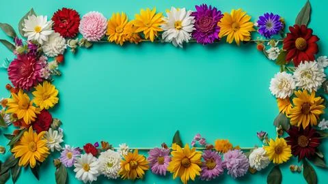 Landscape oriented blank frame encircled by a diverse mix of colorful flowers Stock Illustration