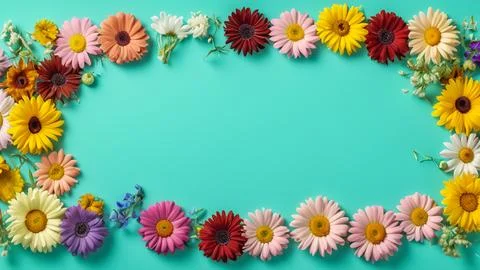 Landscape oriented blank frame encircled by a diverse mix of colorful flowers Stock Illustration