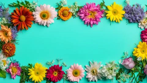 Landscape oriented blank frame encircled by a diverse mix of colorful flowers Stock Illustration