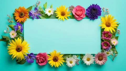 Landscape oriented blank frame encircled by a diverse mix of colorful flowers Stock Illustration