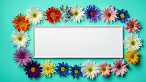 Landscape oriented blank frame encircled by a diverse mix of colorful flowers Stock Illustration